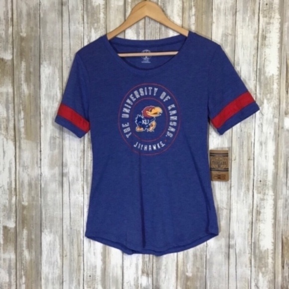 NCAA Tops - Kansas Jayhawks Women’s Tee Small Blue Red Stripe Sleeve NCAA KU Game Day Shirt